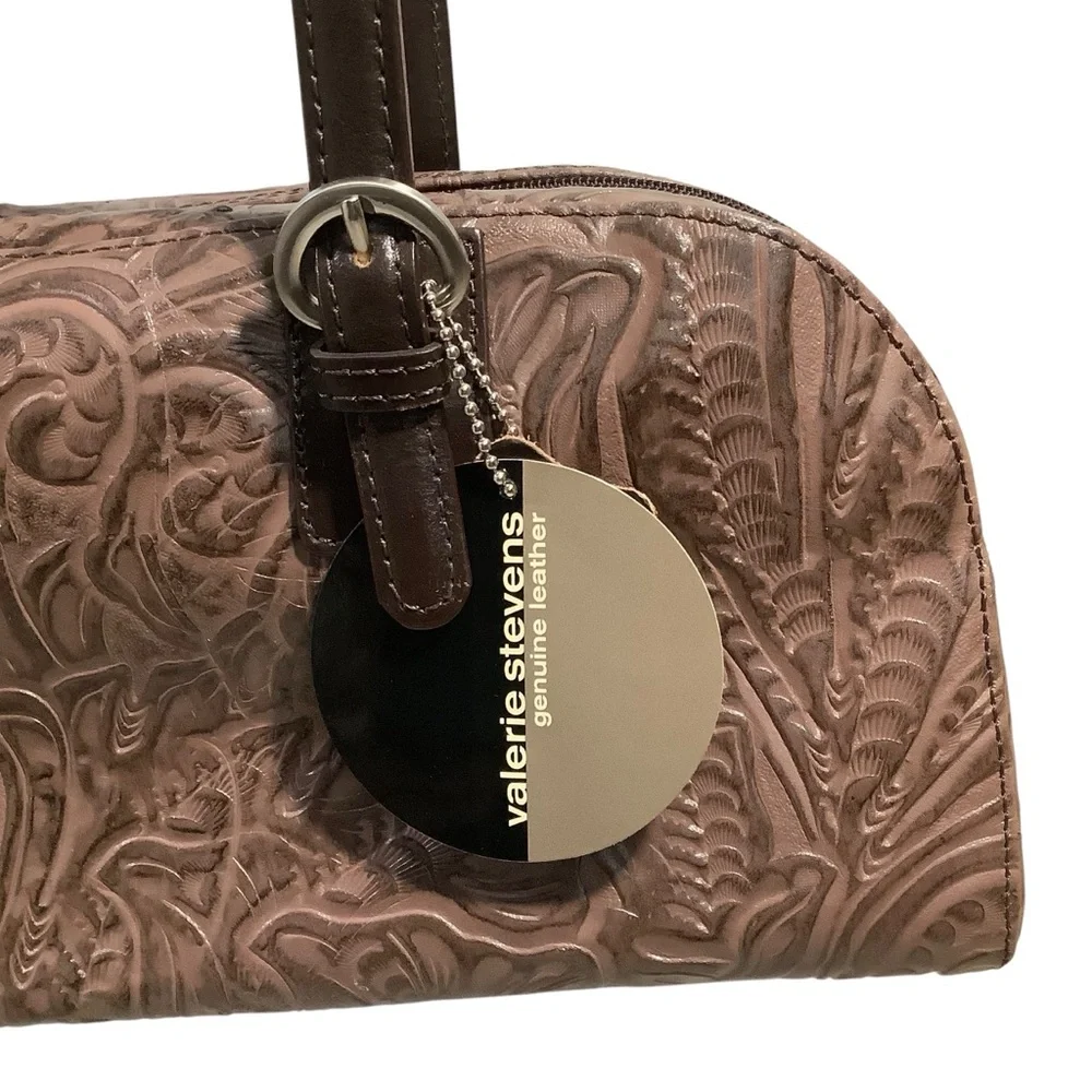 Valerie Stevens Vtg Genuine Leather Tooling Around Brown Embossed Handbag Rare - Picture 4 of 12